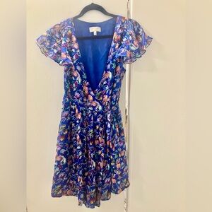 Anthropologie Moulinette Soeurs Blue Floral Silk Wrap Short Dress Womens Sz 8.